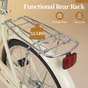 24 Inch Beach Cruiser Bike for Women with Woven Basket and Rear Rack - Beige