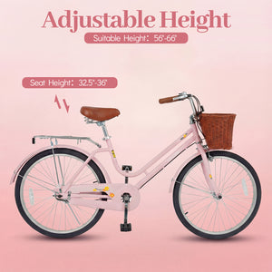24-Inch Beach Cruiser Bike for Women with Woven Basket and Rear Rack - Pink
