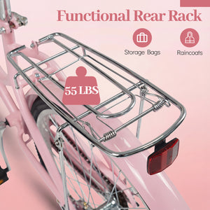 24-Inch Beach Cruiser Bike for Women with Woven Basket and Rear Rack - Pink