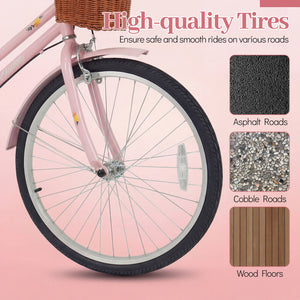 24-Inch Beach Cruiser Bike for Women with Woven Basket and Rear Rack - Pink