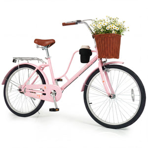 24-Inch Beach Cruiser Bike with Cup Holder and Woven Basket - Pink