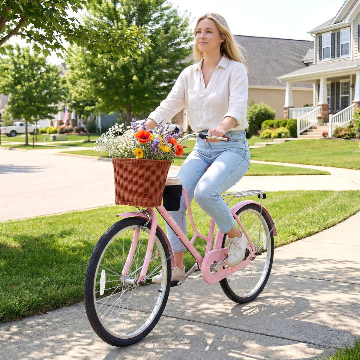 24-Inch Beach Cruiser Bike with Cup Holder and Woven Basket - Pink
