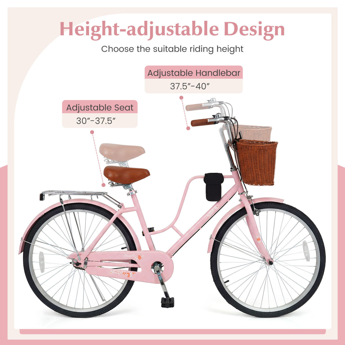 24-Inch Beach Cruiser Bike with Cup Holder and Woven Basket - Pink