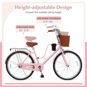24-Inch Beach Cruiser Bike with Cup Holder and Woven Basket - Pink