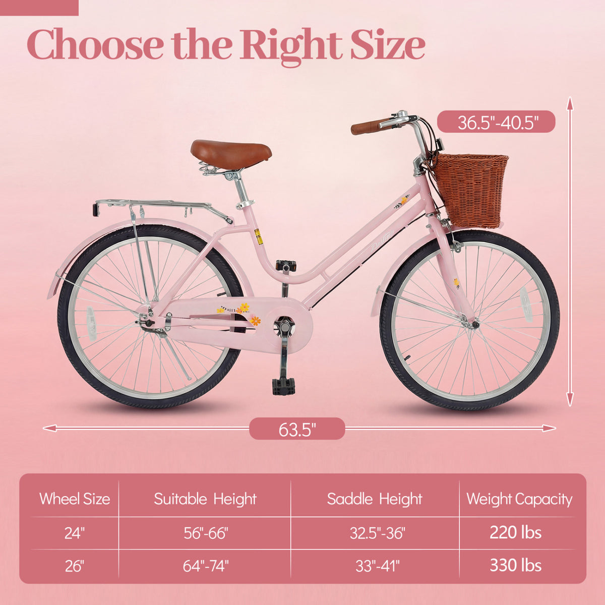 24-Inch Beach Cruiser Bike for Women with Woven Basket and Rear Rack - Pink