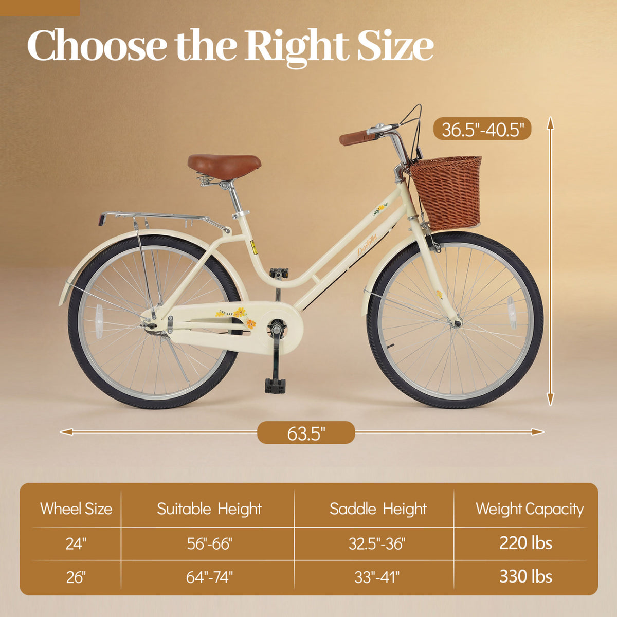 24 Inch Beach Cruiser Bike for Women with Woven Basket and Rear Rack - Beige