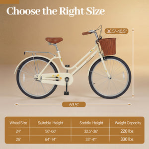 24 Inch Beach Cruiser Bike for Women with Woven Basket and Rear Rack - Beige