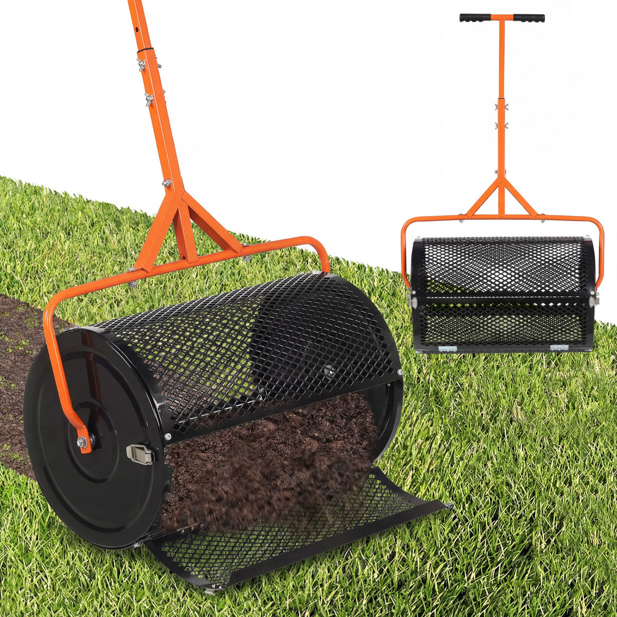 24 Inch Compost Spreader Peat Moss Spreader Roller with Height-Adjustable T-Shaped Handle-Orange