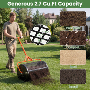 24 Inch Compost Spreader Peat Moss Spreader Roller with Height-Adjustable T-Shaped Handle-Orange