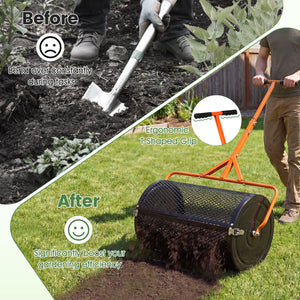 24 Inch Compost Spreader Peat Moss Spreader Roller with Height-Adjustable T-Shaped Handle-Orange