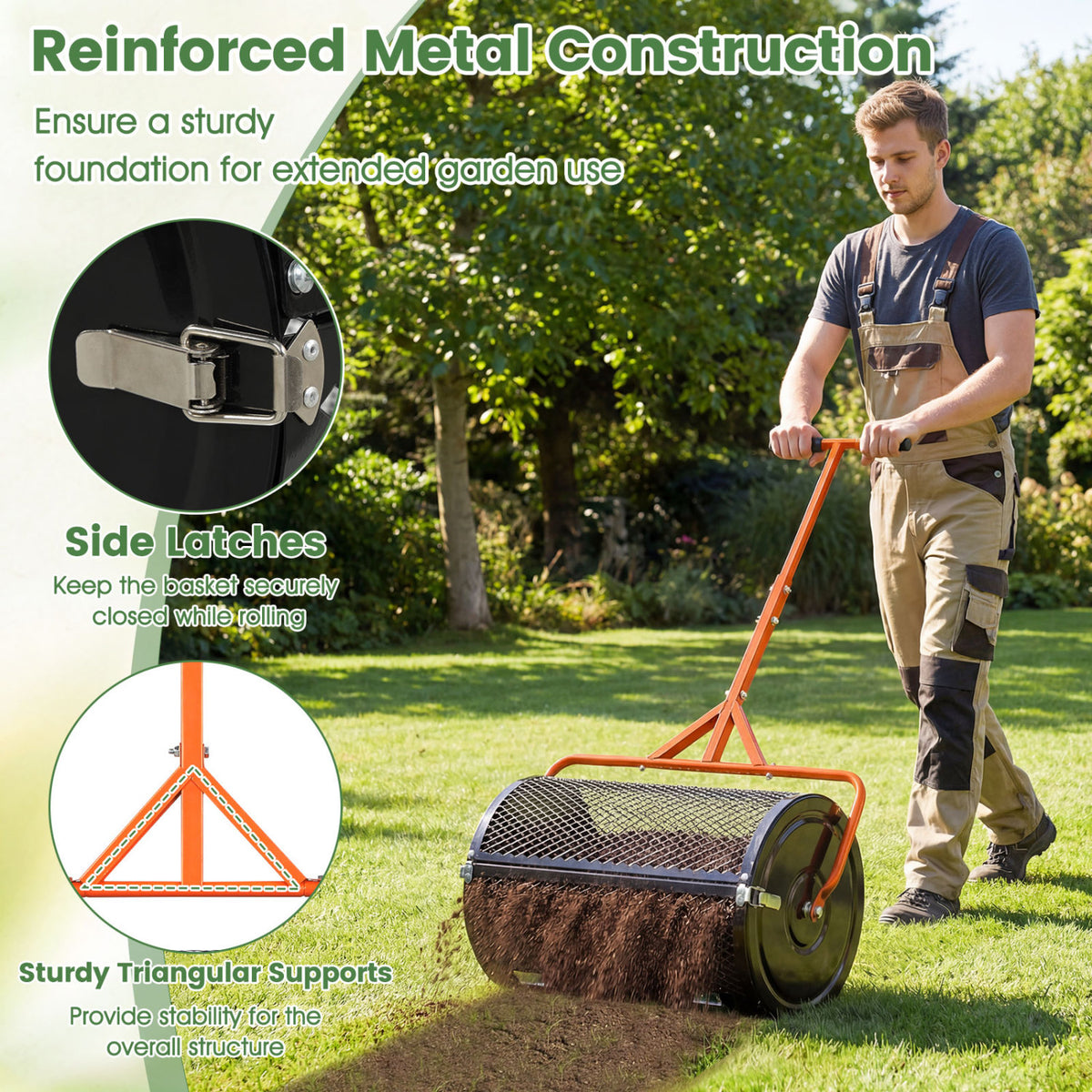 24 Inch Compost Spreader Peat Moss Spreader Roller with Height-Adjustable T-Shaped Handle-Orange