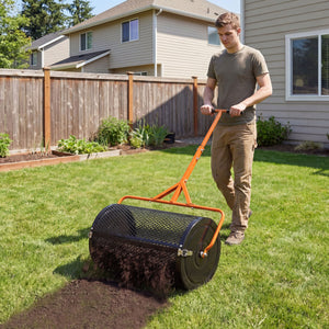 24 Inch Compost Spreader Peat Moss Spreader Roller with Height-Adjustable T-Shaped Handle-Orange
