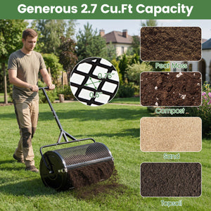 24 Inch Compost Spreader Peat Moss Spreader Roller with Height-Adjustable T-Shaped Handle-Black