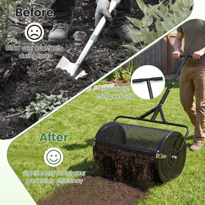 24 Inch Compost Spreader Peat Moss Spreader Roller with Height-Adjustable T-Shaped Handle-Black