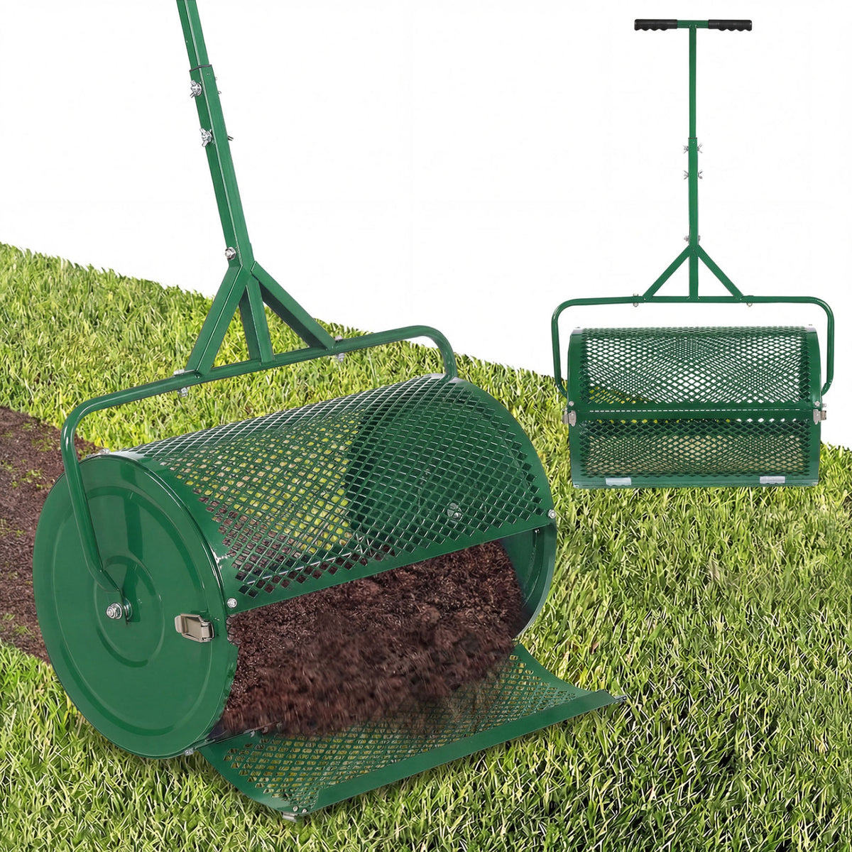 24 Inch Compost Spreader Peat Moss Spreader Roller with Height-Adjustable T-Shaped Handle-Green