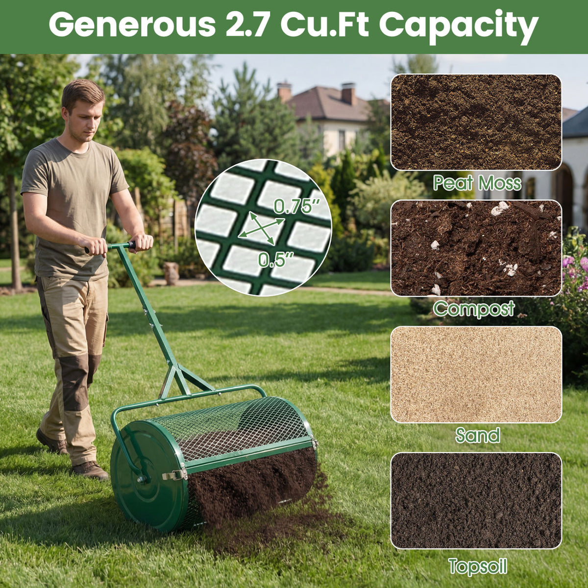 24 Inch Compost Spreader Peat Moss Spreader Roller with Height-Adjustable T-Shaped Handle-Green