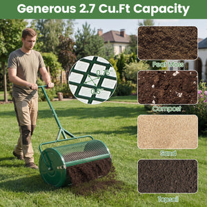 24 Inch Compost Spreader Peat Moss Spreader Roller with Height-Adjustable T-Shaped Handle-Green