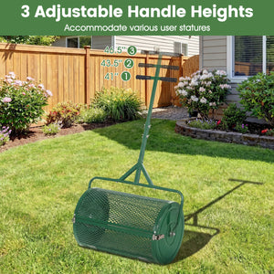 24 Inch Compost Spreader Peat Moss Spreader Roller with Height-Adjustable T-Shaped Handle-Green
