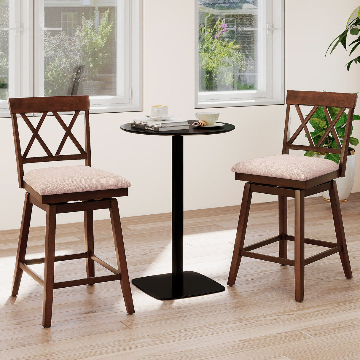 24 Inch Counter Height Barstools with Backrest and Upholstered Seat Cushion for Kitchen Dining Room-Oak
