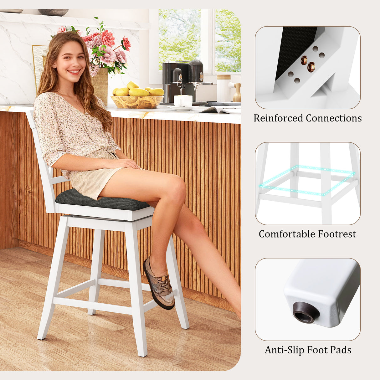 24 Inch Counter Height Barstools with Backrest and Upholstered Seat Cushion for Kitchen Dining Room-White