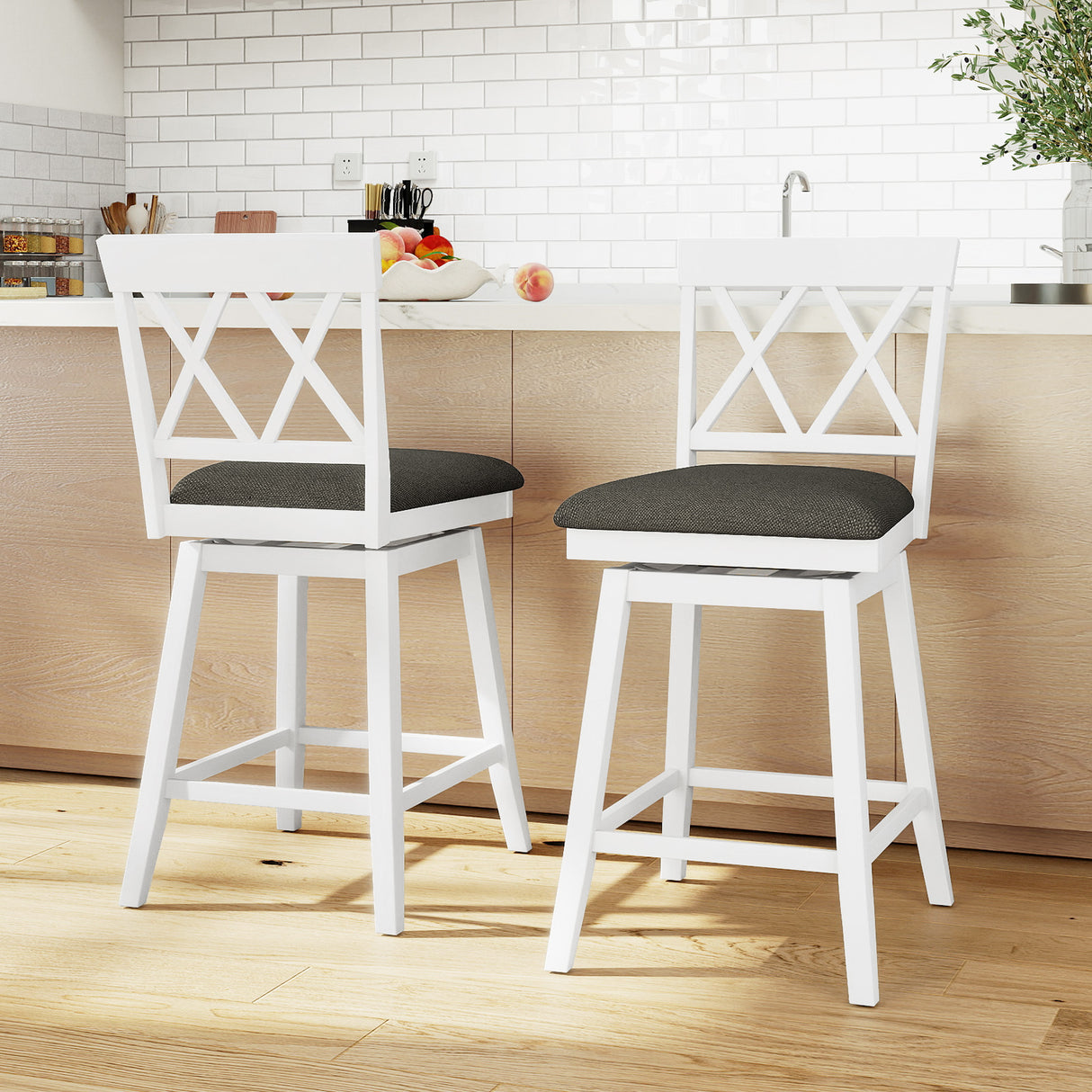 24 Inch Counter Height Barstools with Backrest and Upholstered Seat Cushion for Kitchen Dining Room-White