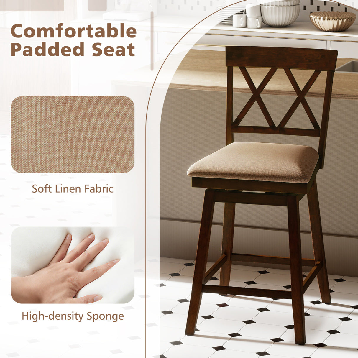 24 Inch Counter Height Barstools Set of 2 with Backrest and Seat Cushion-24 Inches