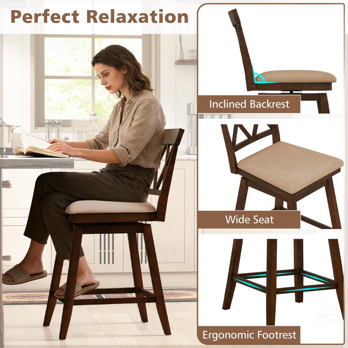 24 Inch Counter Height Barstools Set of 2 with Backrest and Seat Cushion-24 Inches