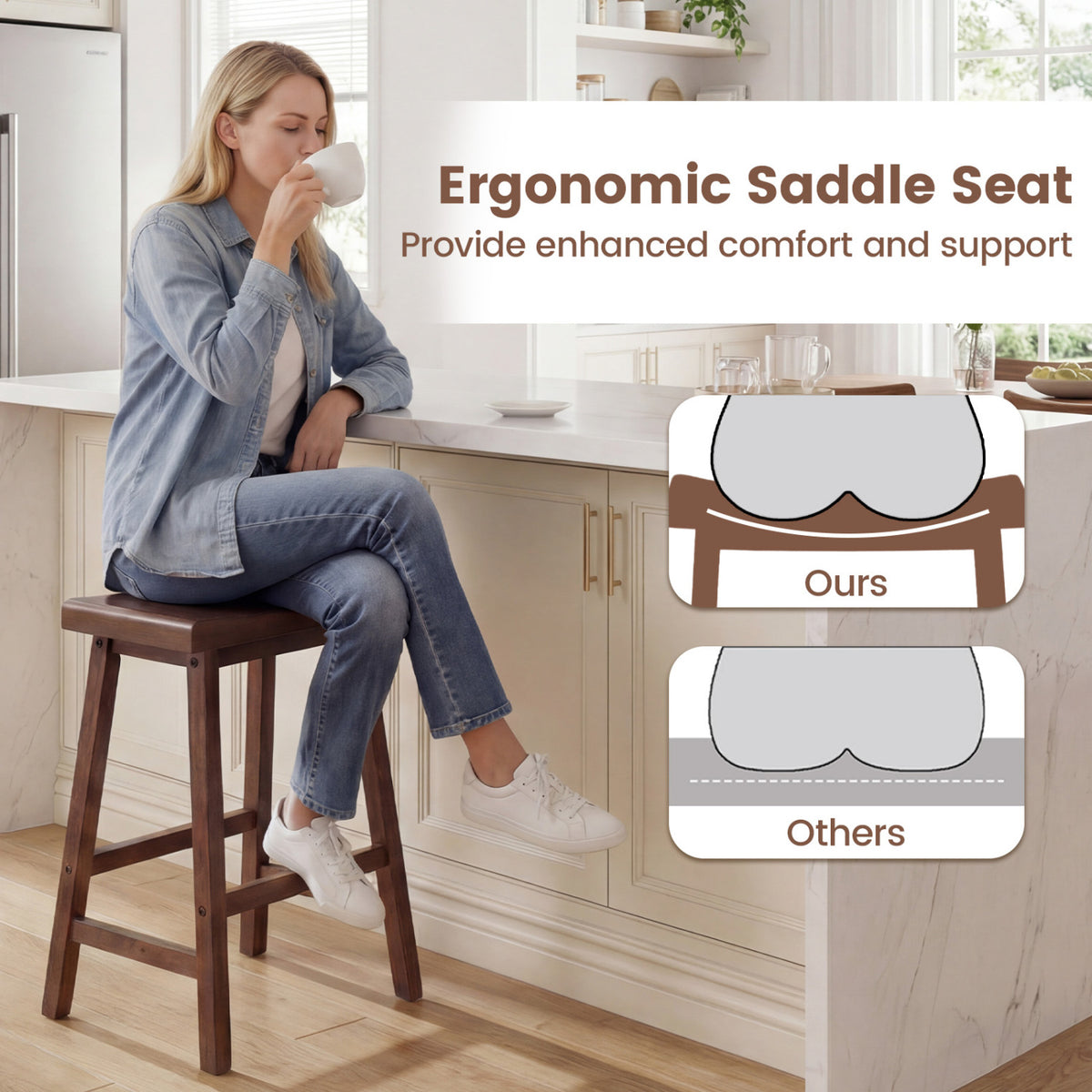 24 Inch Counter Height Stools Solid Wood Saddle Bar Stools Set of 2-Brown