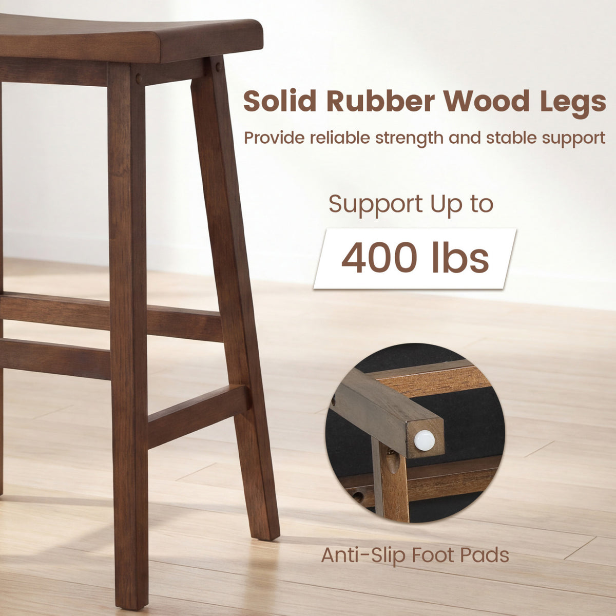 24 Inch Counter Height Stools Solid Wood Saddle Bar Stools Set of 2-Brown