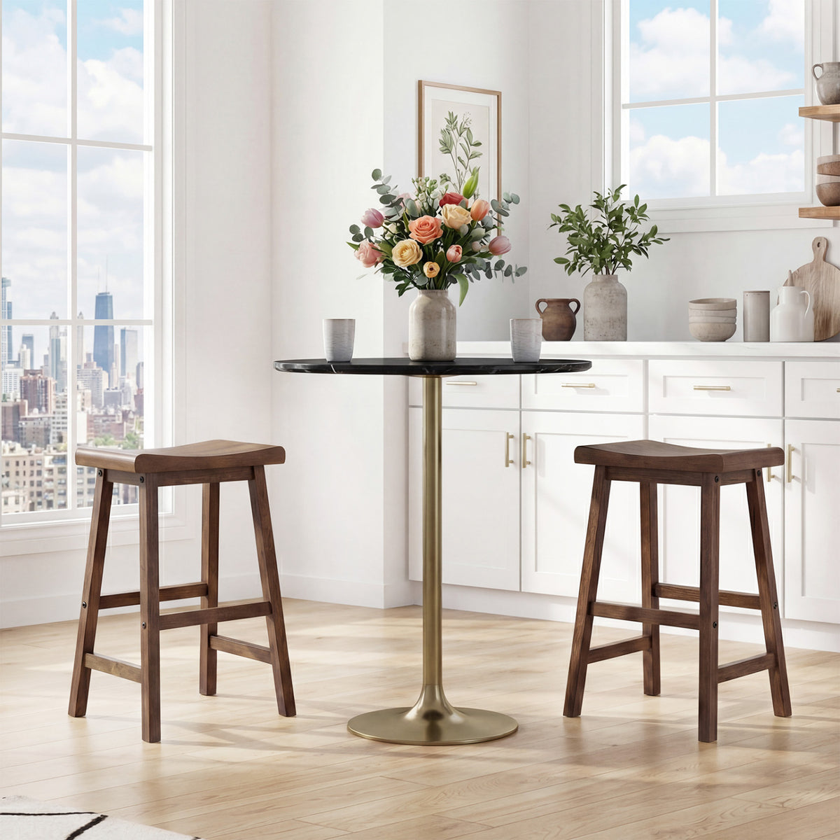 24 Inch Counter Height Stools Solid Wood Saddle Bar Stools Set of 2-Brown