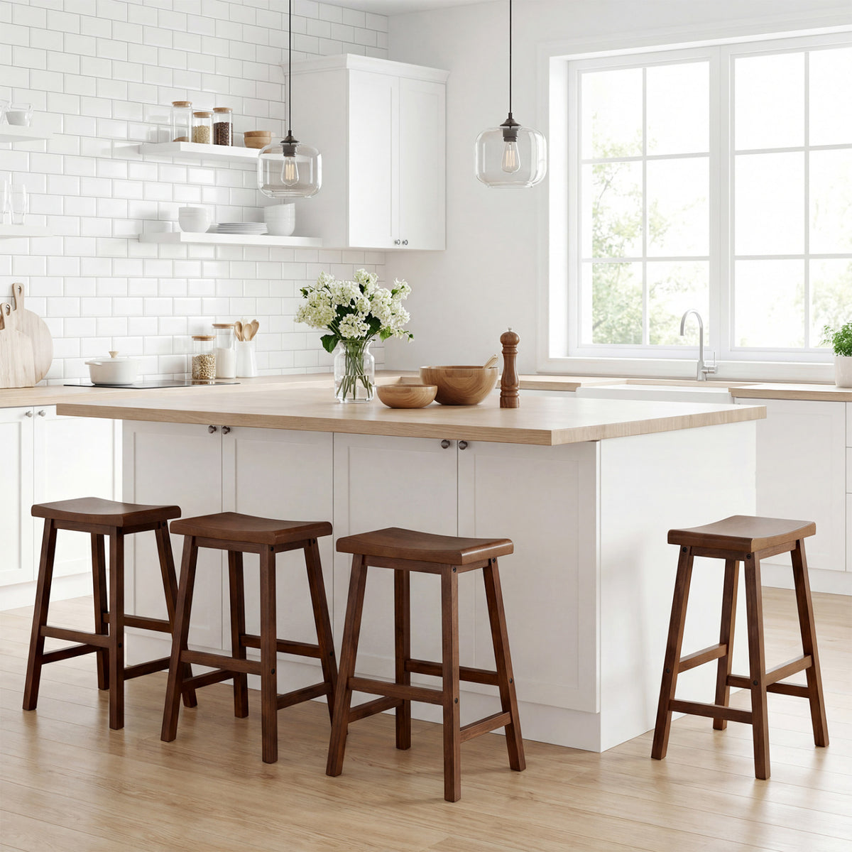 24 Inch Counter Height Stools Solid Wood Saddle Bar Stools Set of 2-Brown