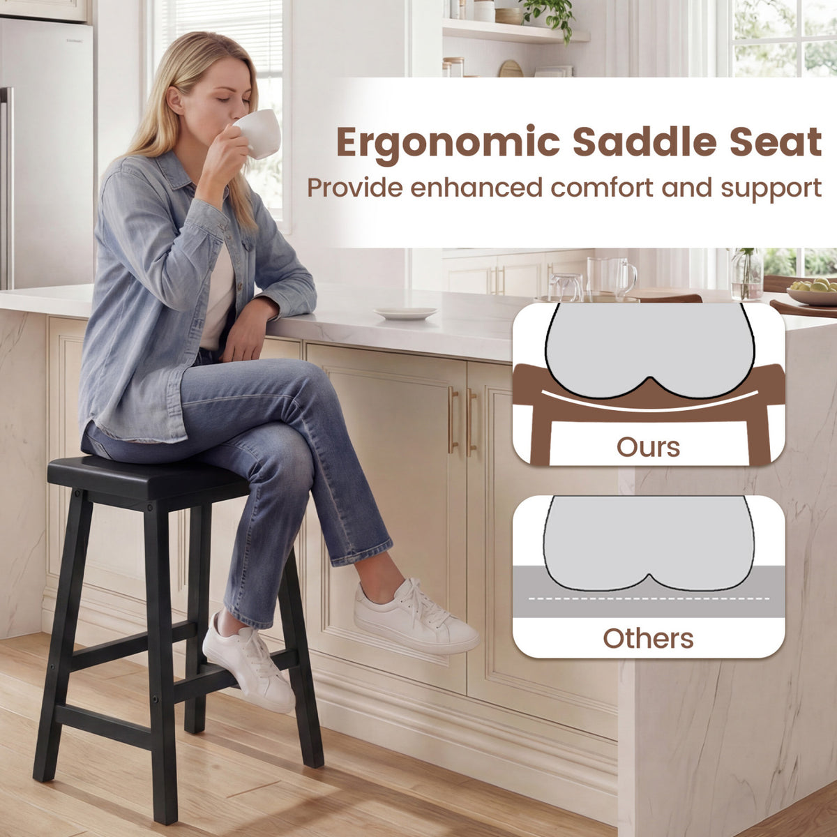 24 Inch Counter Height Stools Solid Wood Saddle Bar Stools Set of 2-Black