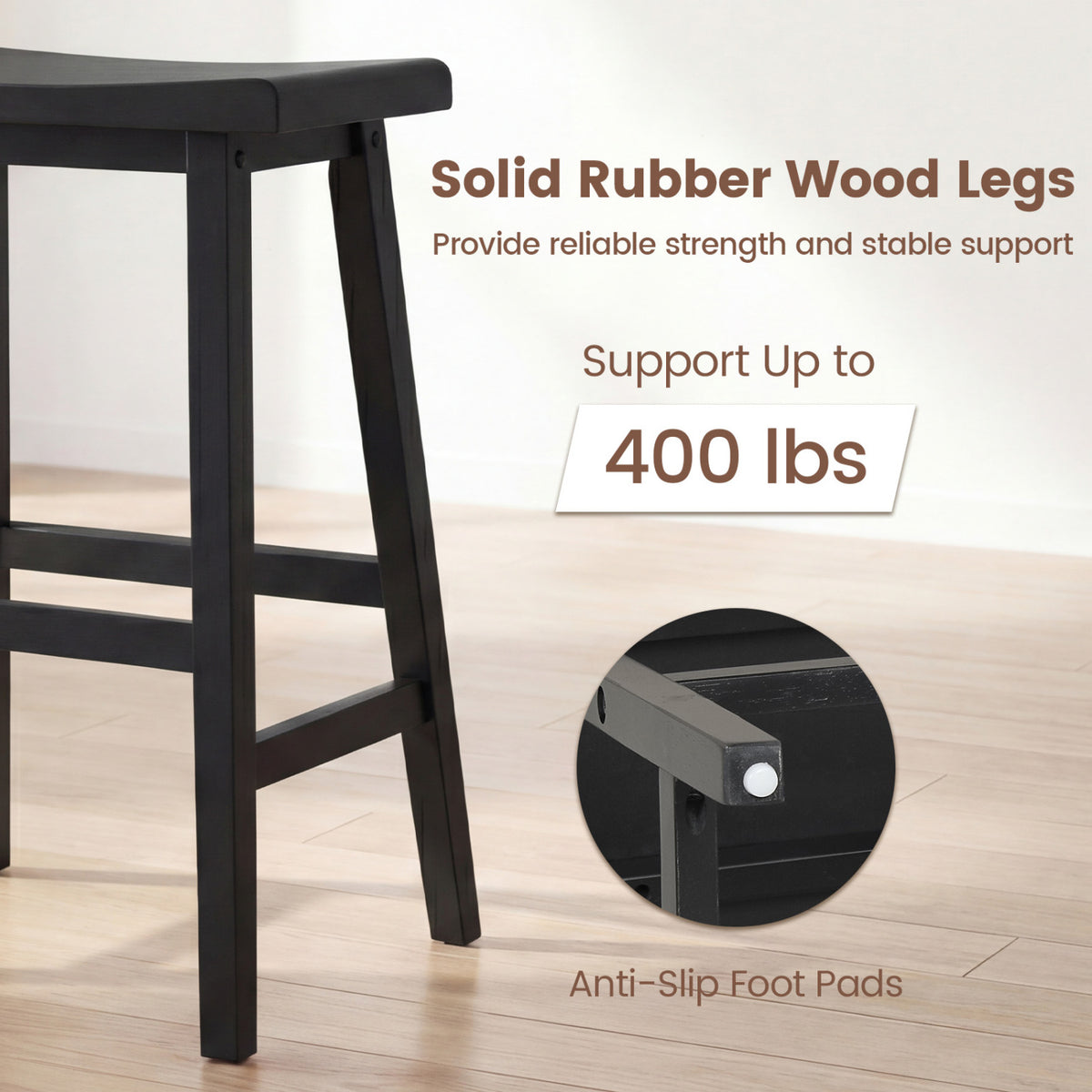 24 Inch Counter Height Stools Solid Wood Saddle Bar Stools Set of 2-Black