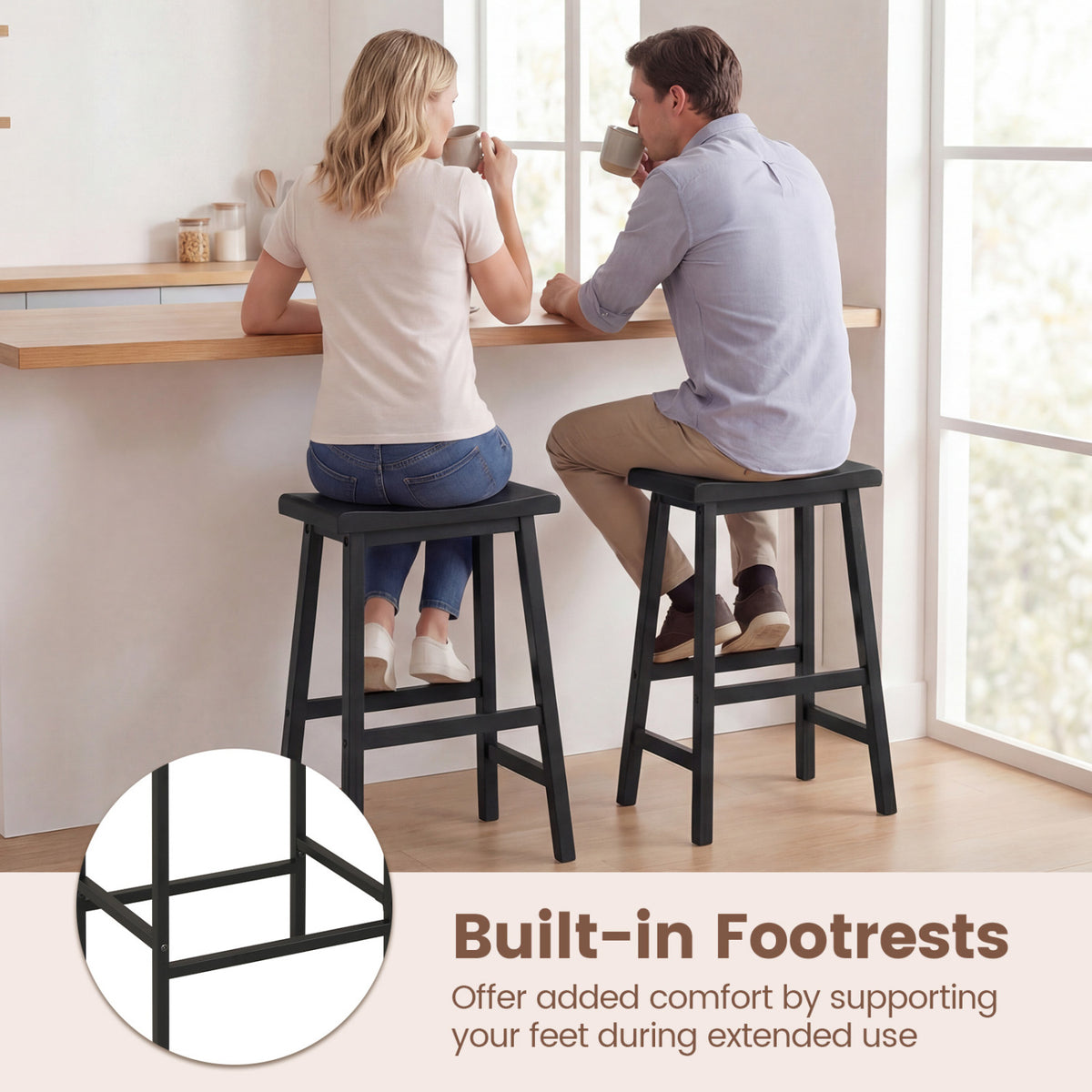 24 Inch Counter Height Stools Solid Wood Saddle Bar Stools Set of 2-Black