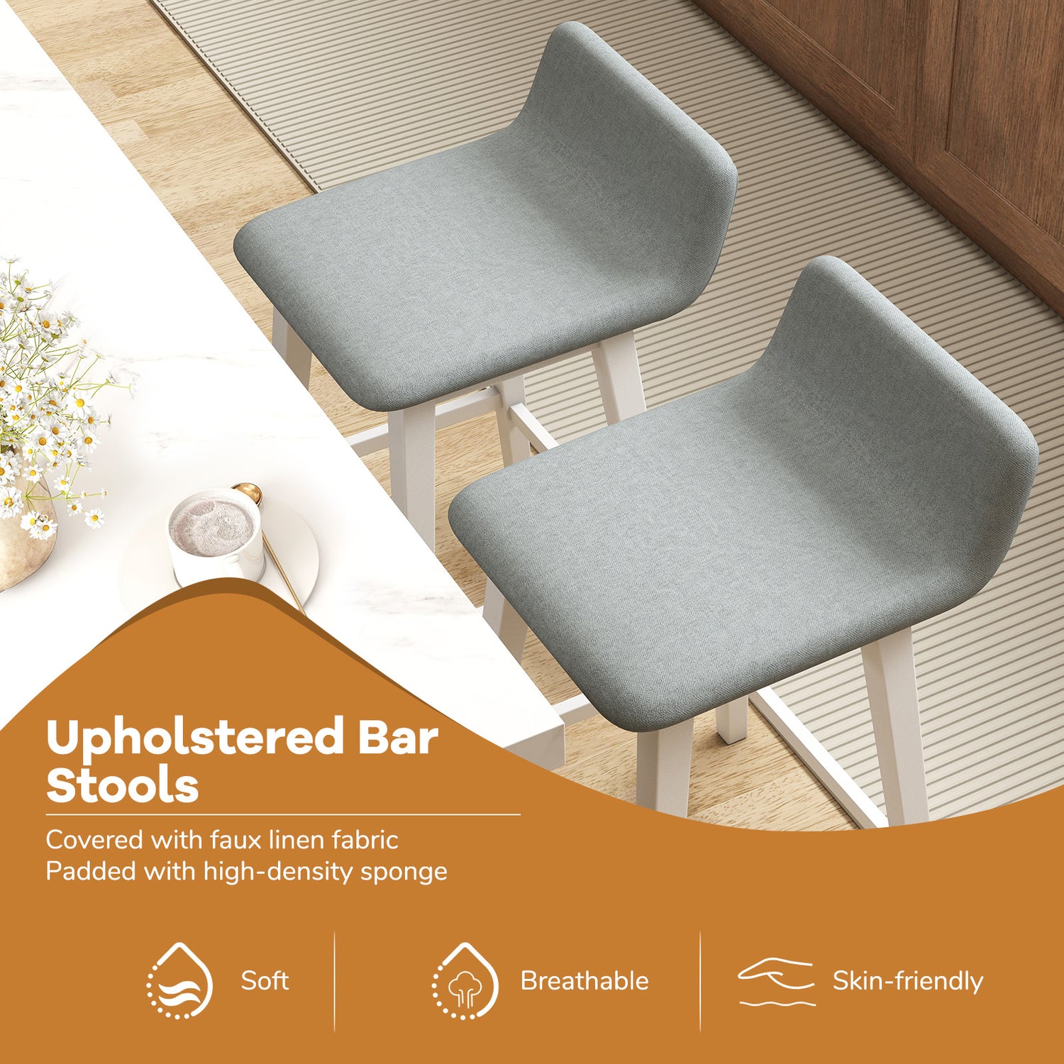 24 Inch Counter Height Bar Stools Set of 2 with Low Back-White