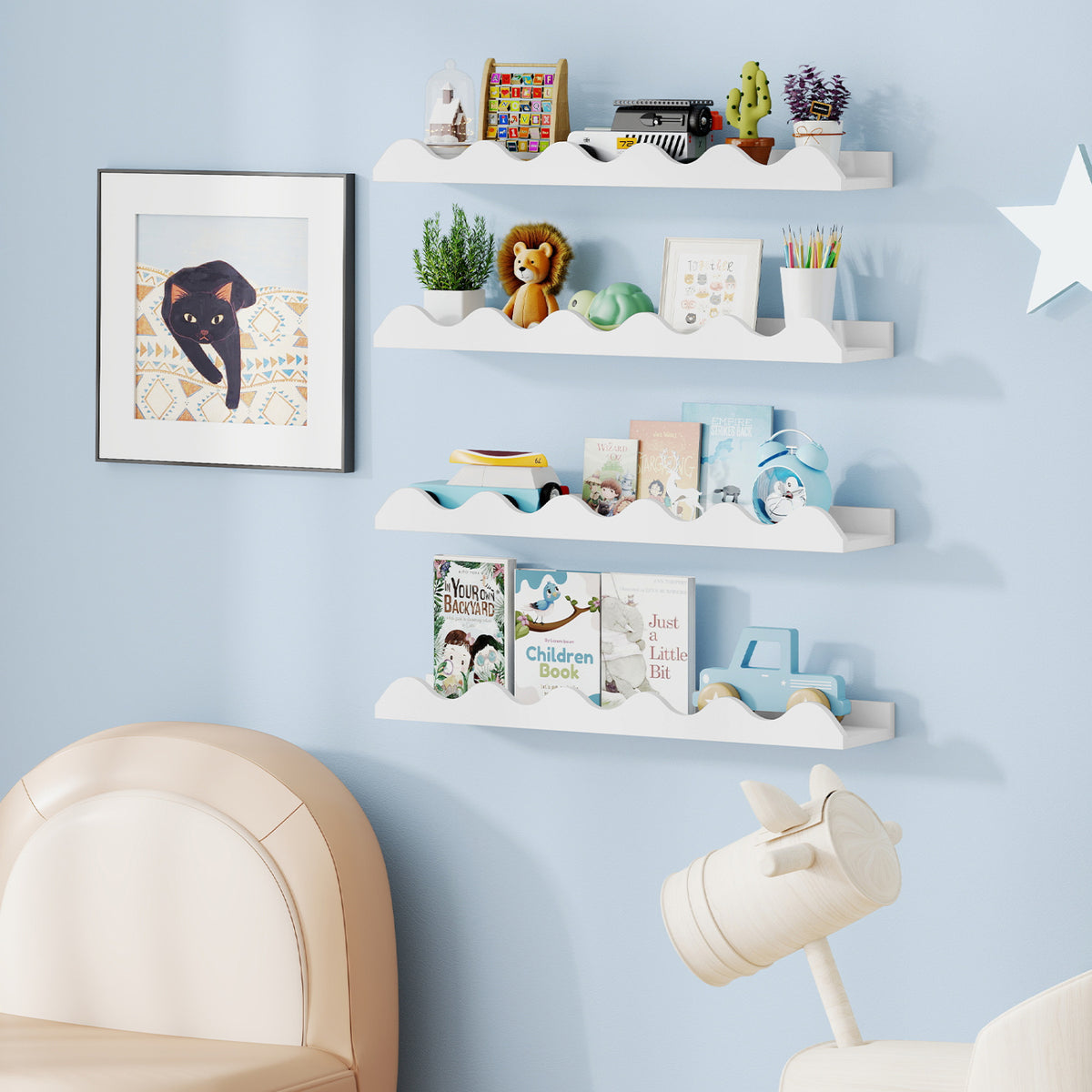 24 Inch Kids Bookshelf Set of 4 Wall-Mounted Picture Ledge Shelf-White