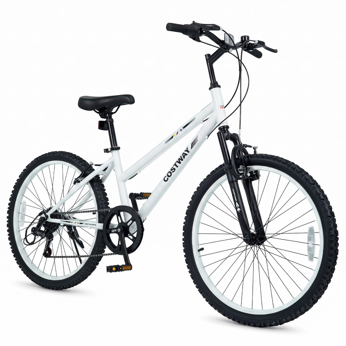 24 Inch Kids Mountain Bike Adjustable with 7 Speed and Suspension Fork-White