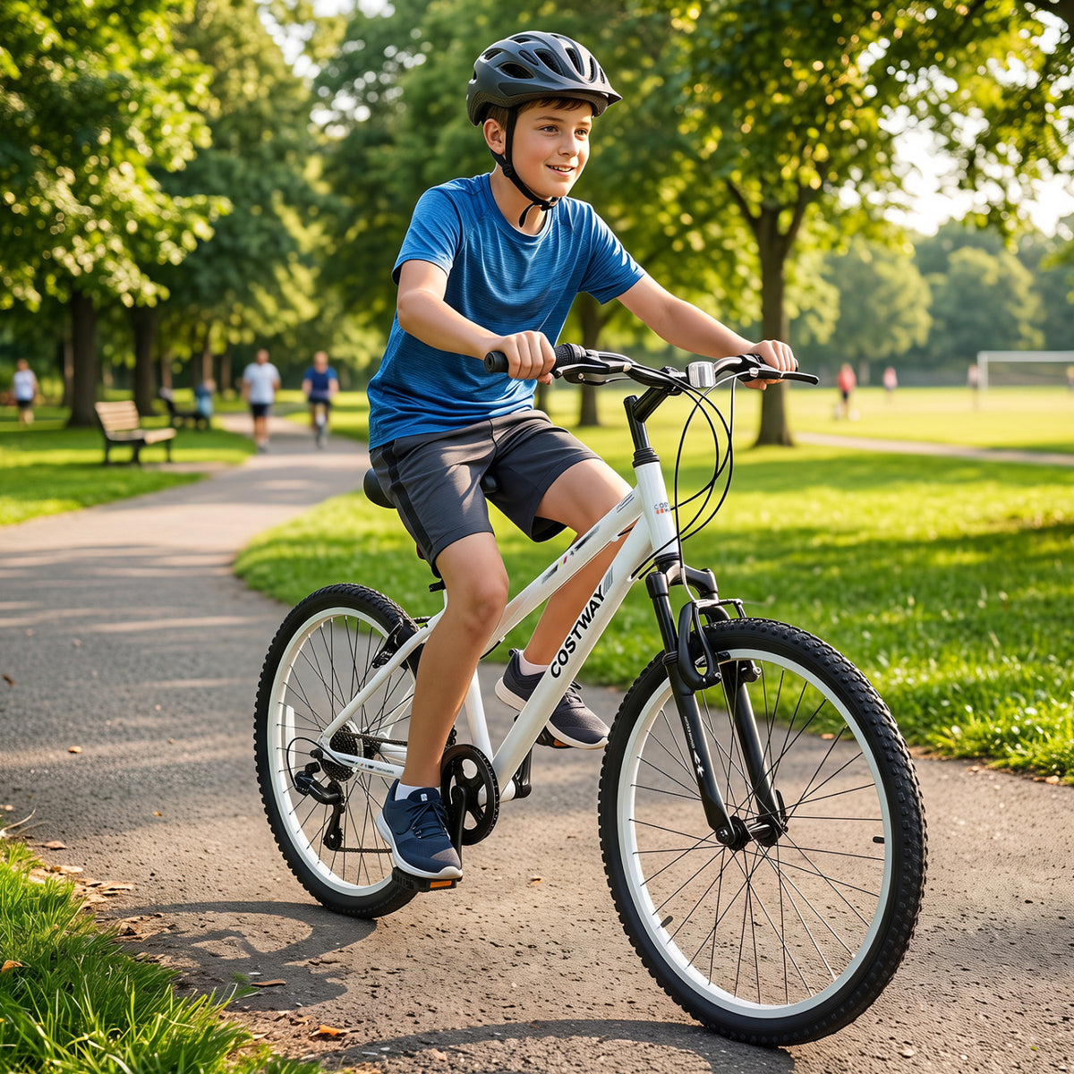 24 Inch Kids Mountain Bike Adjustable with 7 Speed and Suspension Fork-White