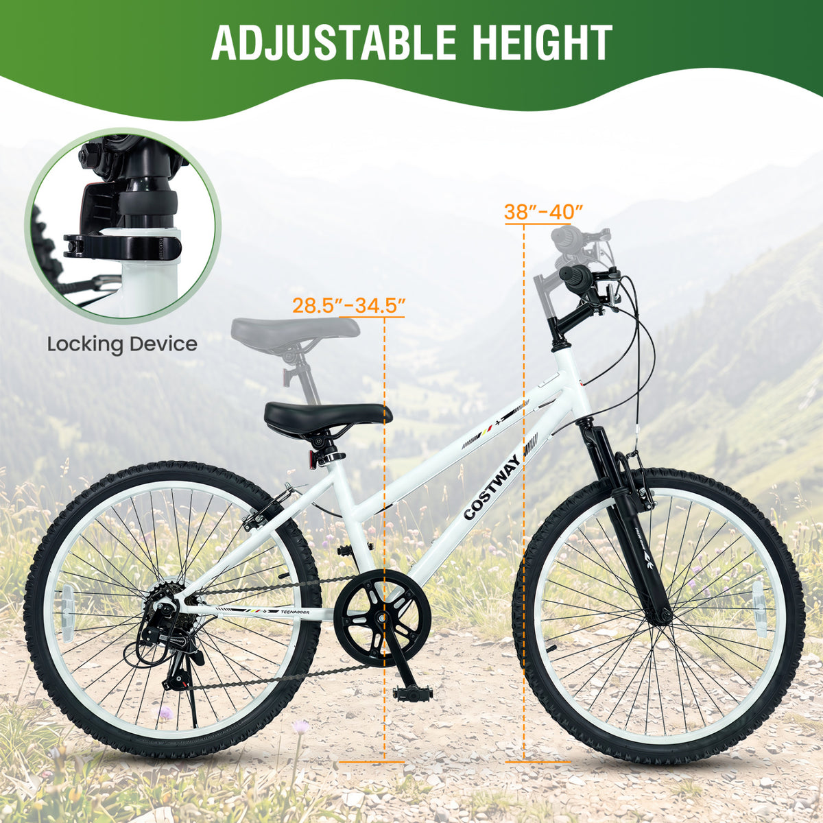 24 Inch Kids Mountain Bike Adjustable with 7 Speed and Suspension Fork-White