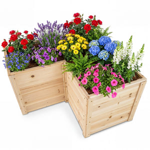 24 Inch L-Shaped Wooden Raised Garden Bed with Open-Ended Base-Natural