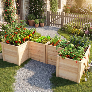 24 Inch L-Shaped Wooden Raised Garden Bed with Open-Ended Base-Natural