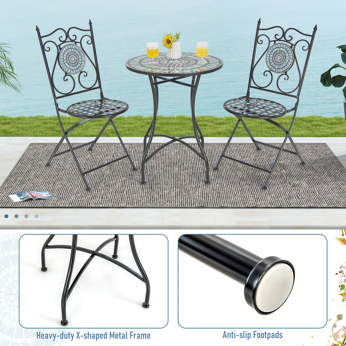 24 Inch Patio Bistro Table with Ceramic Tile Tabletop-Blue