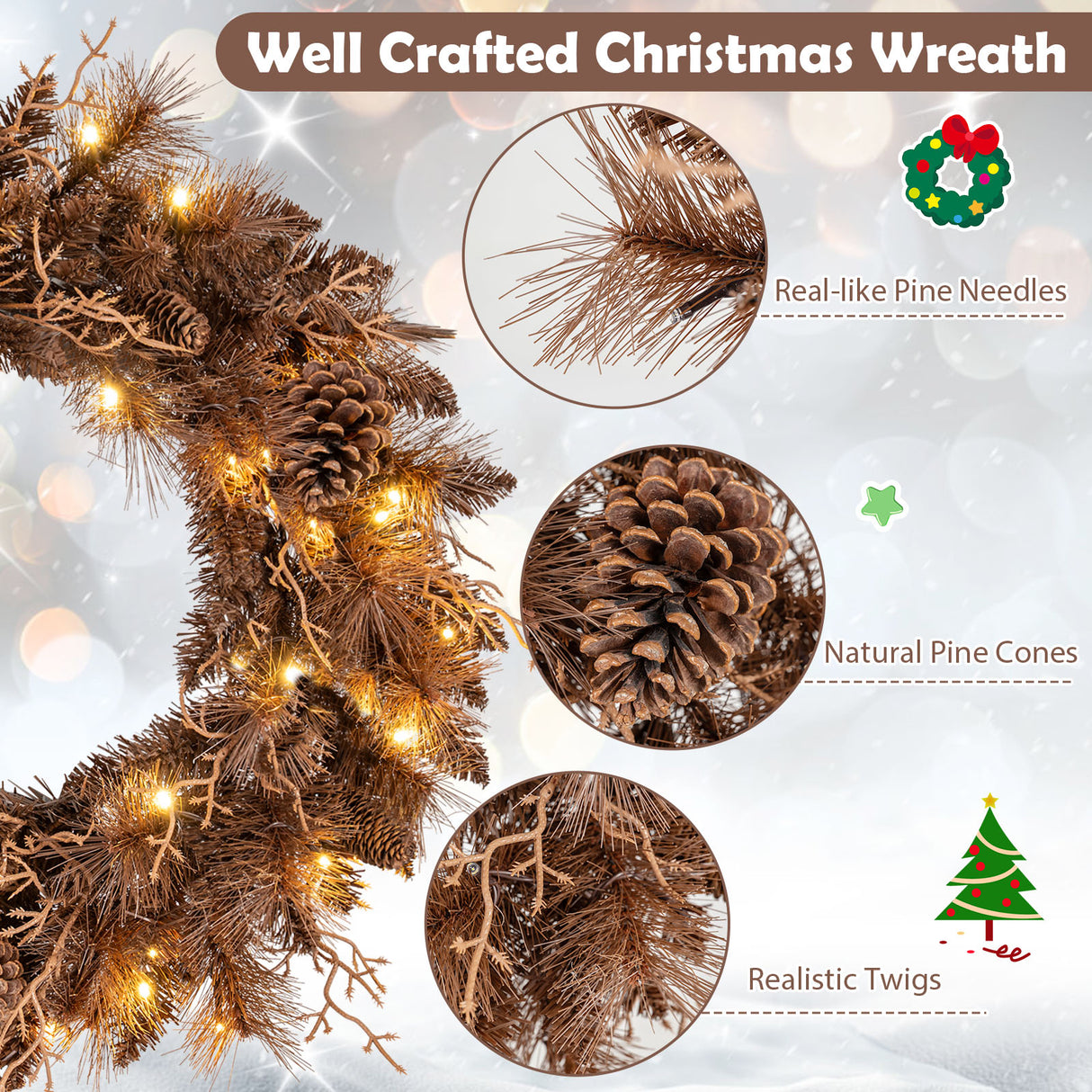 24 Inch Pre-lit Christmas Wreath with 105 Branch Tips and 35 Warm White LED Lights-1 piece