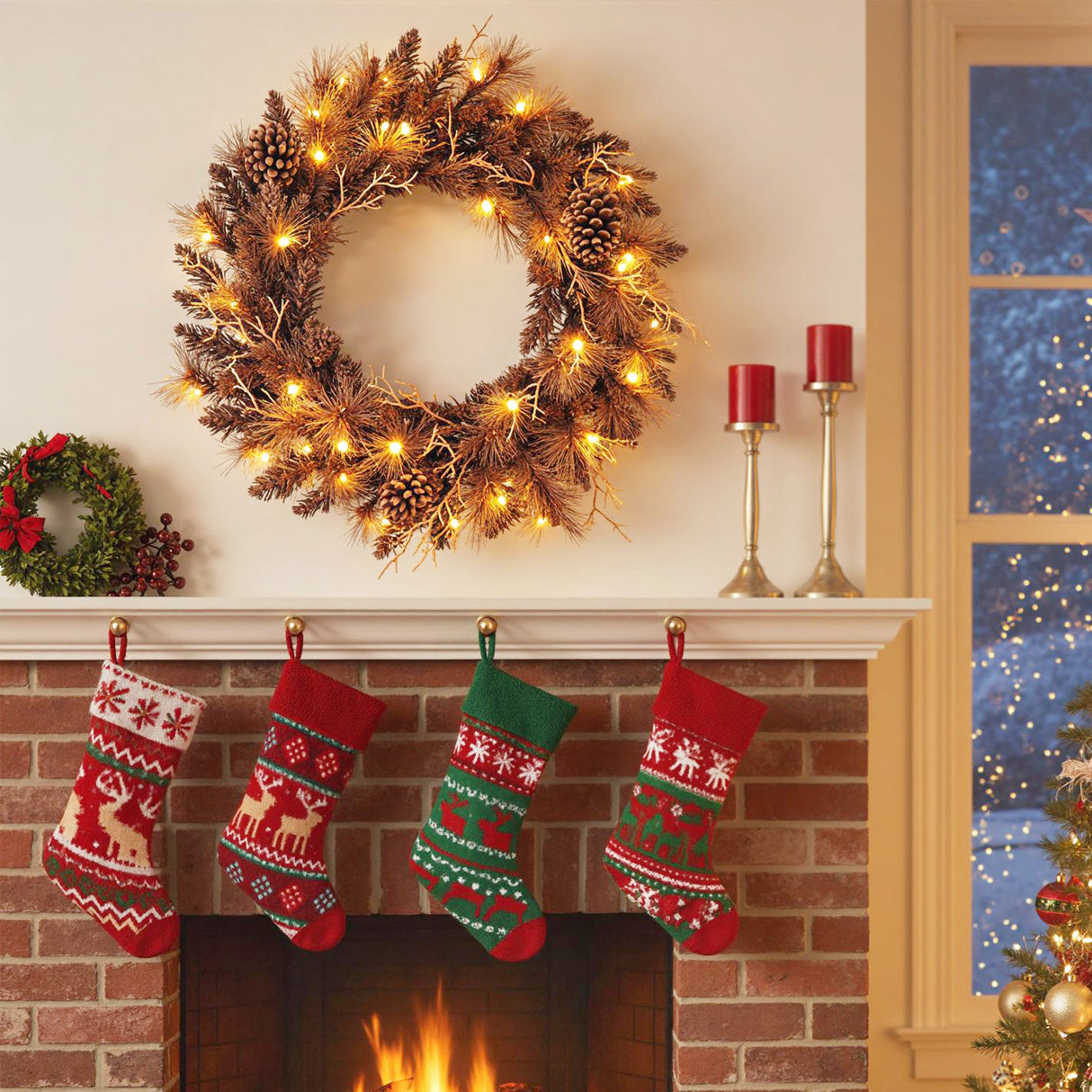 24 Inch Pre-lit Christmas Wreath with 105 Branch Tips and 35 Warm White LED Lights-1 piece