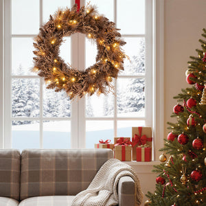 24 Inch Pre-lit Christmas Wreath with 105 Branch Tips and 35 Warm White LED Lights-1 piece