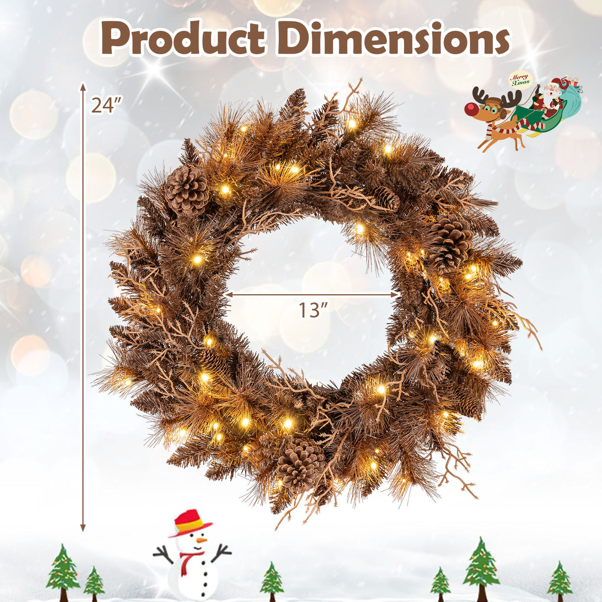 24 Inch Pre-lit Christmas Wreath with 105 Branch Tips and 35 Warm White LED Lights-1 piece