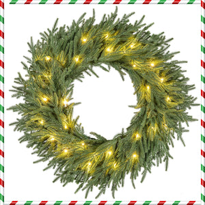 24 Inch Pre-lit Christmas Wreath with 108 Branch Tips and 35 Warm White LED Lights for Wall Window-1 piece