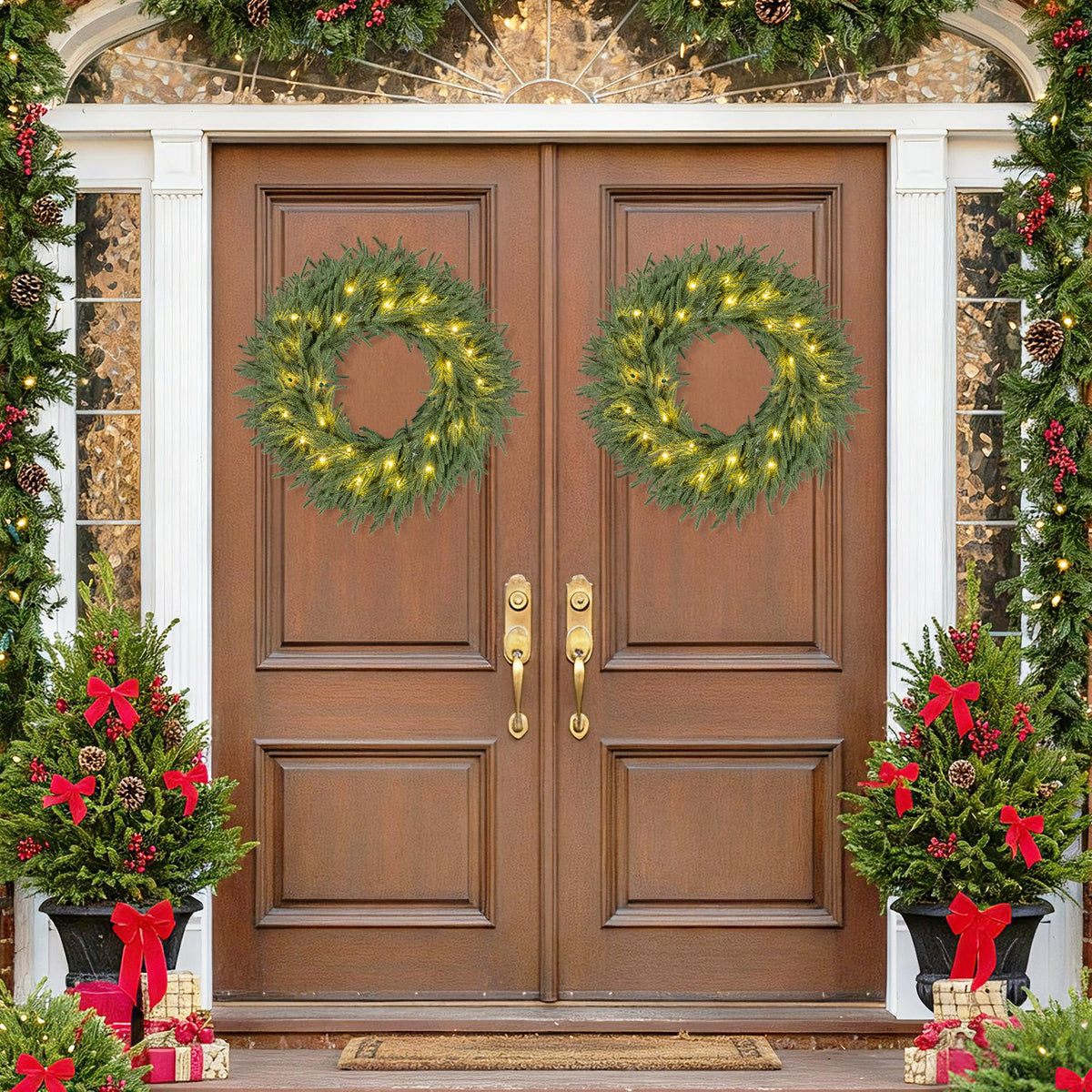 24 Inch Pre-lit Christmas Wreath with 108 Branch Tips and 35 Warm White LED Lights for Wall Window-1 piece