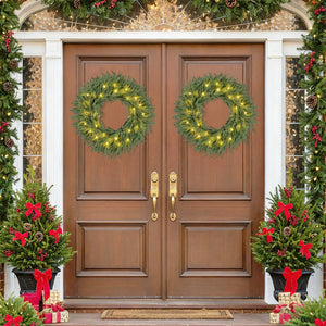 24 Inch Pre-lit Christmas Wreath with 108 Branch Tips and 35 Warm White LED Lights for Wall Window-1 piece
