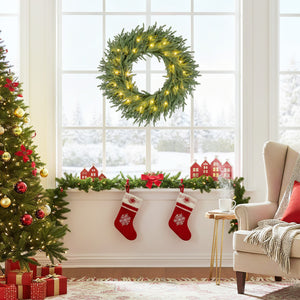 24 Inch Pre-lit Christmas Wreath with 108 Branch Tips and 35 Warm White LED Lights for Wall Window-1 piece